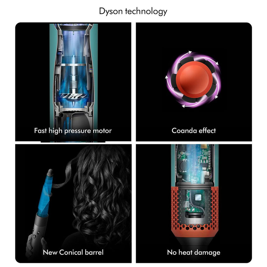 Dyson technology features including fast high pressure motor, Coanda effect, new conical barrel, and no heat damage.