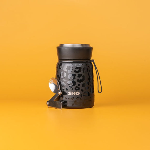 SHO Insulated Reusable Food Flask 530ml - Black Leopard