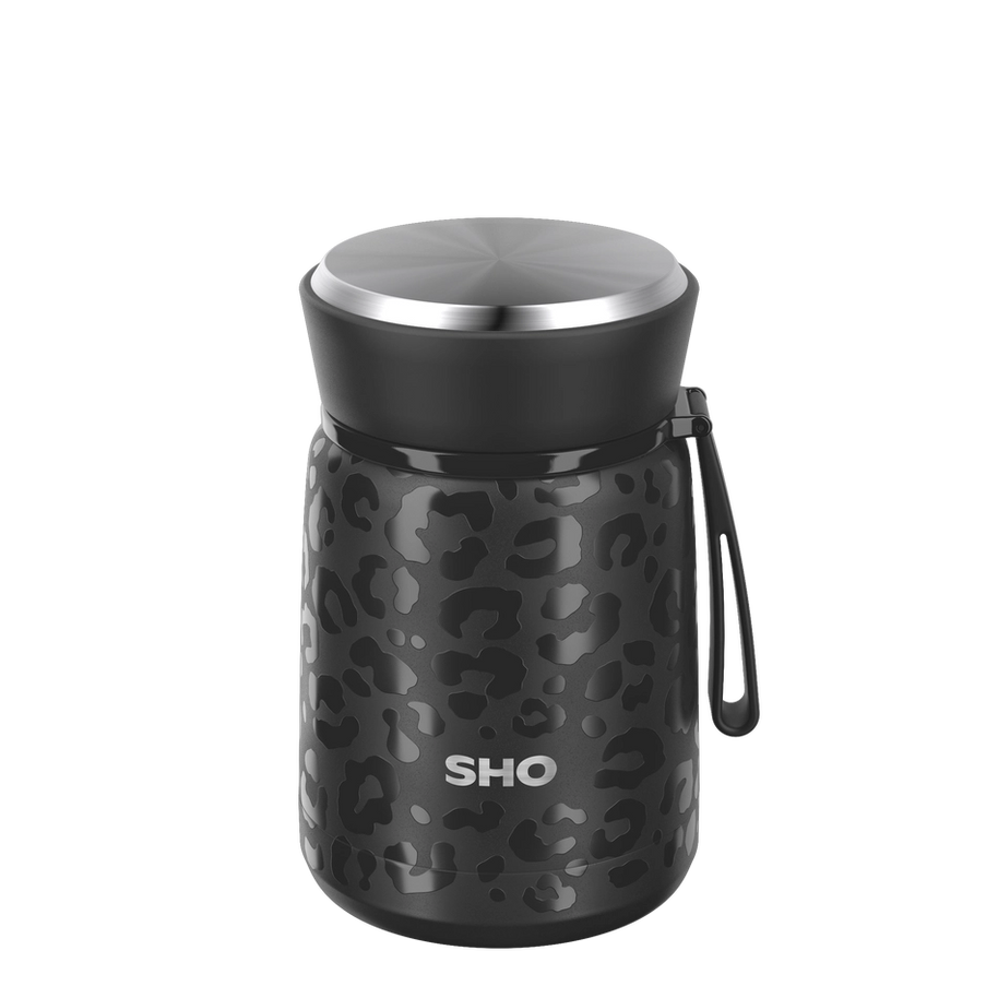 SHO Insulated Reusable Food Flask 530ml - Black Leopard