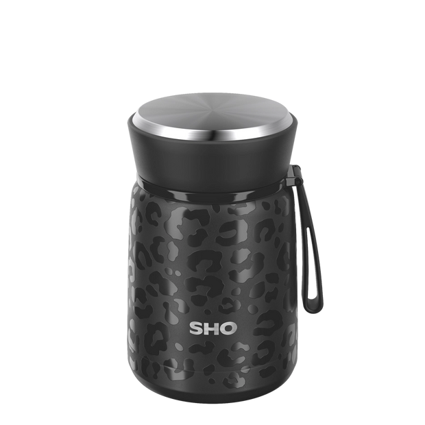SHO Insulated Reusable Food Flask 530ml - Black Leopard
