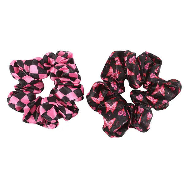 Set of 2 Pink Butterfly and Checkerboard Hair Scrunchies