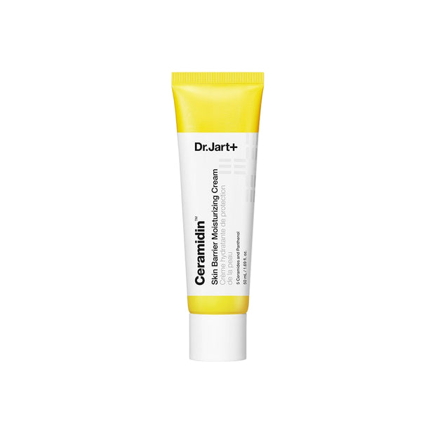 A tube of Dr.Jart+ Ceramidin Skin Barrier Moisturizing Cream with a yellow label on a white background.